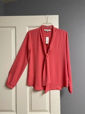 Loft Long Sleeve Blouse, Scarf Neck, Women, XS, NWT, Coral